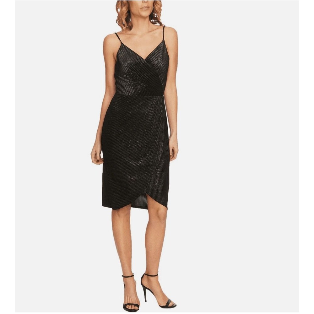 CeCe Black Gold Metallic Pleated Faux Wrap Cocktail Dress Womens 6 NWT
